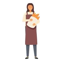 Female take hot bread package icon cartoon vector. Bakery production factory vector