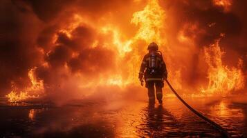 ai generado bombero confrontando masivo fuego foto