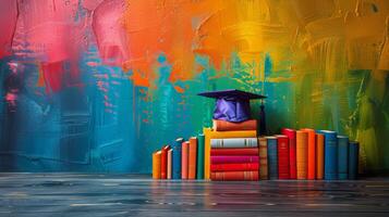 AI generated Graduation Cap on Pile of Books photo