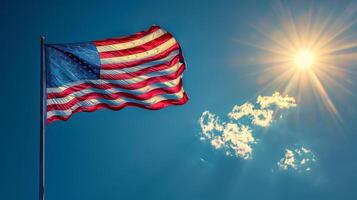 ai generado americano bandera ondulación en viento en soleado día foto