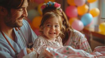 AI generated Little Girl Smiles Holding Bunch of Balloons photo