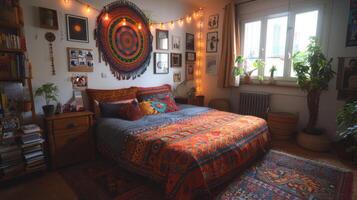 AI generated Neatly Made Bed Room With Lots of Plants photo