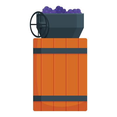 Home made wine production icon cartoon vector. Wooden barrel crash grapes equipment