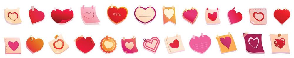 Memo valentine icons set cartoon vector. Paper shape sticky vector