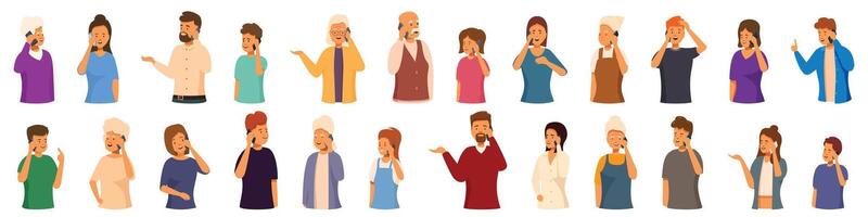 Calling granny icons set cartoon vector. Grandma phone speaking vector