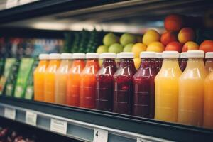 ai generado muchos jugos en Fruta barras en un tienda de comestibles Tienda foto