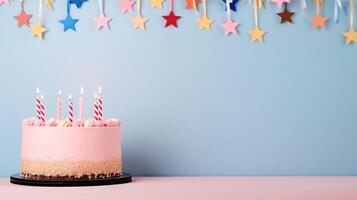 ai generado cumpleaños fiesta fondo, pasteles con velas y Copiar espacio foto