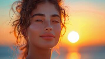 AI generated Woman Standing in Front of Sunset photo