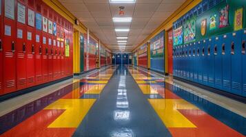 AI generated Brightly Colored Hallway With Lockers photo