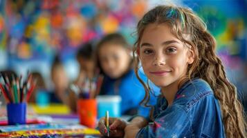 ai generado joven niña pintura a mesa foto