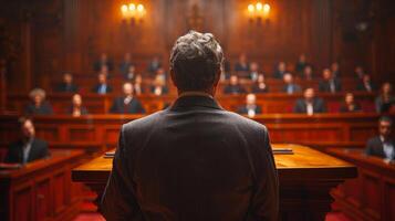 AI generated Man Standing in Front of a Crowded Courtroom photo