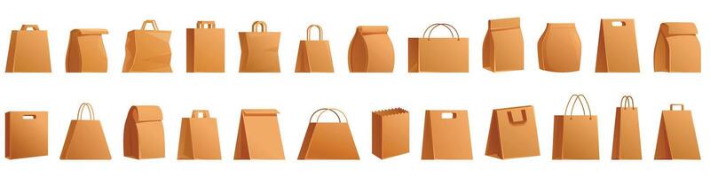 Craft paper eco bags icons set cartoon vector. Food safe friendly vector