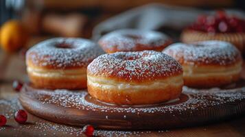 ai generado de madera mesa con en polvo azúcar rosquillas foto