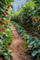 AI generated Vibrant Field of Strawberries With Green Leaves and Red Berries photo