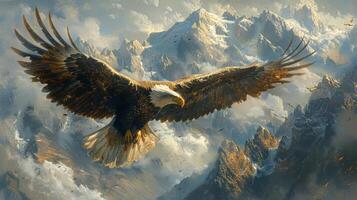 AI generated Bald Eagle Soaring Over Mountain Range photo