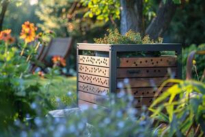 AI generated Wooden Box Planter in Garden photo