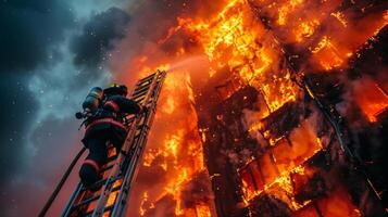 ai generado grande fuego furioso en edificio foto