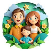 ai généré 3d mignonne famille dessin animé, papier art png