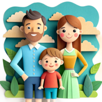 ai généré 3d mignonne famille dessin animé, papier art png