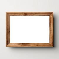 AI generated Empty transparent natural wooden photo frame on white wall background. Realistic border wooden rectangular picture frame for design, Image display concept png