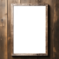 AI generated Empty transparent natural wooden photo frame on wooden wall background. Realistic border wooden rectangular picture frame for design, Image display concept png