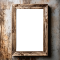 AI generated Empty transparent natural wooden photo frame on wooden wall background. Realistic border wooden rectangular picture frame for design, Image display concept png