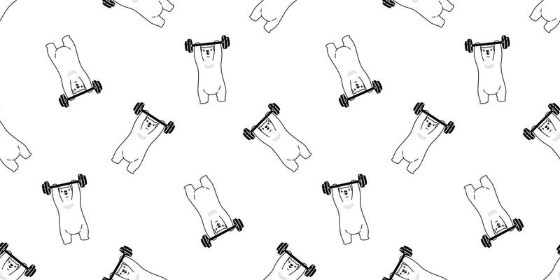 Bear seamless pattern polar bear vector training fitness dumbbell sport scarf isolated cartoon repeat wallpaper tile background doodle illustration white design