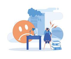 Stress in Office concept. Woman with headache, migraine, holding her head. Stressed unhappy upset tired girl in office suffering of pain, headache or frustration. flat vector modern illustration