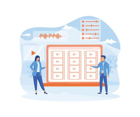 Video editor. Tiny people footage editing and making multimedia content production. Video maker online course. Studio filmmaking. flat vector modern illustration