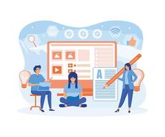 Freelancer, blogger, content creator, copy writer with characters using device. Can use for banner, landing page, web design template. flat vector modern illustration