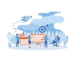 People work together making a plan on a board, mark tasks, track execution of tasks. Business planning, management, organization, success strategy. flat vector modern illustration