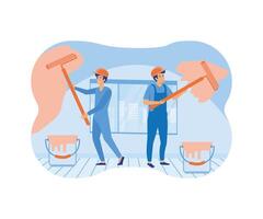 Home renovation with paint painter job contractor worker doing indoor maintenance. flat vector modern illustration