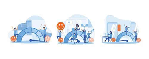 Man solves problems and reduces psychological pressure. Customer Satisfaction Meter with Emotions Icons. Stress Level concept. Set flat vector modern illustration