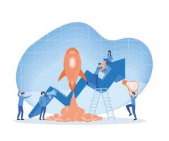 Business analytics in cloud arrow leadership company. People challenge teamwork up. Growth with rocket investment service. flat vector modern illustration