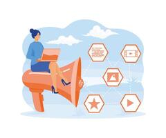 Woman fill web page with content. Management, SMM and Blogging concept in. Creating, marketing and sharing of digital. flat vector modern illustration