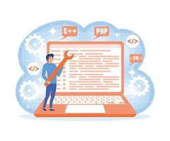 Web development. programming languages. programmer cartoon character developing website, coding. flat vector modern illustration