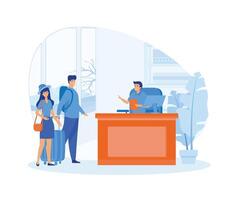 Receptionist job concept. Customers consulting manager at reception. Tourists checking in to hotel, standing at desk in lobby. flat vector modern illustration