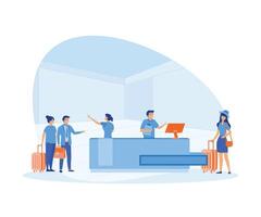 Woman with suitcases is standing at reception desk. Check into hotel. Receptionist welcomes the guest. Hostel interior with administrator. flat vector modern illustration