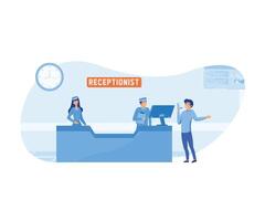 Hospital reception concept. A man walking to a hospital reception where he is greeted by a smiling young woman. Man asks a question to the hospital register office. flat vector modern illustration