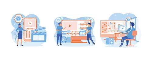 Video editor studio. Persons concept with camera work and footage editing. Multimedia content production and footage editing. Set flat vector modern illustration