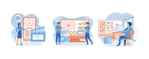 vídeo editor estudio. personas concepto con cámara trabajo y imágenes edición. multimedia contenido producción y imágenes edición. conjunto plano vector moderno ilustración