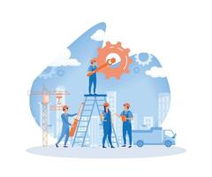 Workers couple rotating cogwheels teamwork process concept man woman in overalls repairing mechanism. flat vector modern illustration