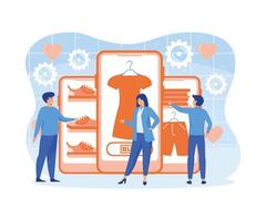 Mobile shopping concept. A men and a woman buy things in the online store. Shopping on social networks through phone. flat vector modern illustration