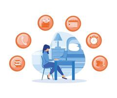 Multitasking Work concept. Happy business woman with multitasking skills sitting at his laptop with office icons on a background. Freelance worker. flat vector modern illustration