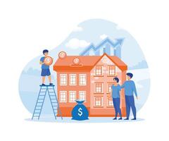 pequeño familias comprar hogar en un hipoteca y pagar crédito a el banco. invertir dinero en real inmuebles propiedad. plano vector moderno ilustración