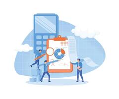 Organizing Accounting, Financial, Banking Data. Tiny Accountant Characters around of Huge Clip Board Filling Bookkeeping Graphs and Charts Counting Debit and Credit. flat vector modern illustration