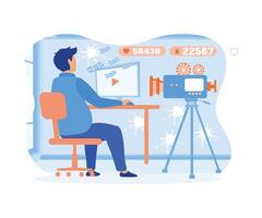 Man video blogger with copy space. Streamer, vlogger concept. flat vector modern illustration