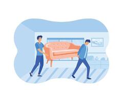Home repair services, professional workers. Guys move sofa furniture in room. flat vector modern illustration