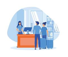 Male and female customers standing at reception desk and talking to female receptionist. Scene of a visit to a service center. flat vector modern illustration