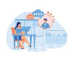 Woman Working at Home Office. Sitting at Desk in Cozy Room, Looking at Computer Screen and Talking with Colleagues Online. flat vector modern illustration